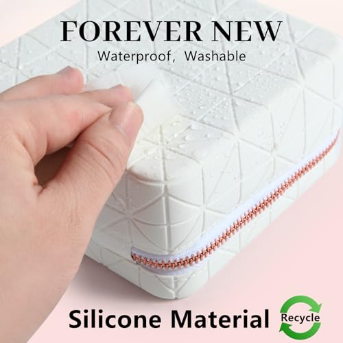 Silicone Clear Makeup Bag, Soft Portable Small Travel Cosmetic Bag for Women, Make Up Organizer Toiletry Bag with Rose Gold Zippers - White3