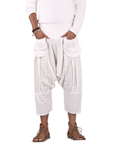 The Harem Studio Mens Linen 3/4 Boho Hippie Drop Crotch Capri One Size (White)