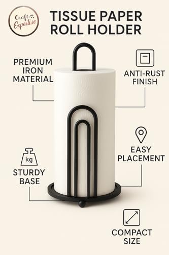 Image of Craft Expertise Tissue Paper & Paper Towel Holder - Black Iron Toilet Paper Holder for Bathroom - Toilet Roll Organizer & Durable Tissue Rack (Length 4.5 x Width 4.5 x Height 9 Inches