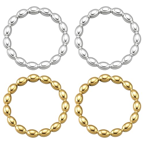 Stainless Steel Beaded Star Bamboo Joint Finger Rings Stackable Beaded Band Rings Chunky Ring Set Trendy Ring Supplies for Women Wedding Birthday Party Christmas Fashion Jewelry