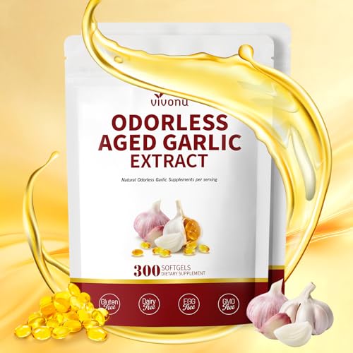 Image of VivoNu Aged Garlic Extract Capsules, 300 Softgels, Odorless, Gluten Free | Odorless 24-month aged garlic softgels with Mag, Chromium, B1 & B9. Non-GMO, 100-day supply for holistic wellness.