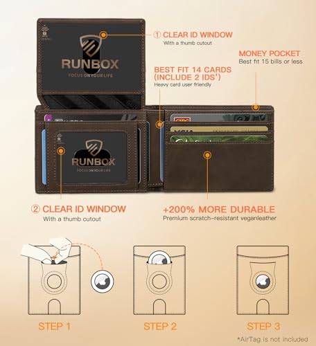 RUNBOX Airtag Wallet for Men 15 Cards Wallets Slim Rfid Leather 2 ID Window With Gift Box3