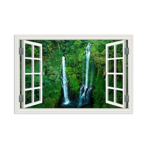 Image of MOBYAT Open Window Forest Canvas,Sekumpur Bali Waterfall,Waterfall Painting Wall Art Nature Landscape Print on Canvas Giclee Print for Living Room Wall Decor105x70cm(41x28in) poster