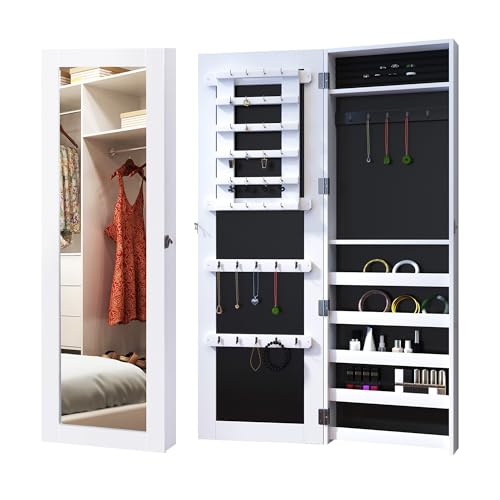 HOMCOM Specchio Portagioie da Parete con Ganci e Scompartimenti in Legno, Armadietto Portagioie con Specchio per Orecchini, Collane e Anelli, 37x9.5x112 cm, Bianco