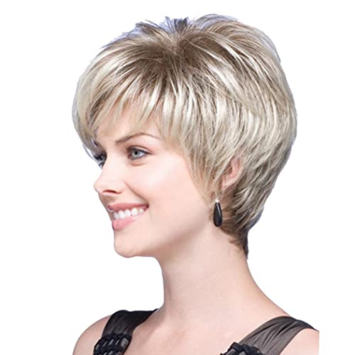 AIYLMZ Short Light Gold Pixie Cut Wigs with Bangs for Women Light Gold Stylish Fluffy Layered Wigs Natural Fluffy Heat Resistant Synthetic Wigs (Light Gold) - Image 3
