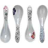 Longpro Ceramics Soup Spoons set Hand Painted Flower Glaze Porcelain Chinese Japanese Asian Rice Spoons Appetizer Tableware Meal Partner of Food Safe Non toxic Lead free spoons, Grey color
