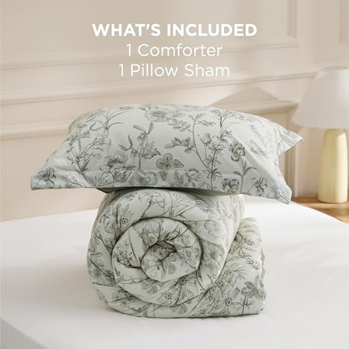 Image of Bedsure Comforter Set Twin Size - Cute Floral Bedding Comforter Set, 2 Pieces, 1 Soft Reversible Desert Sage Sketch Flowers Comforter and 1 Pillow Sham