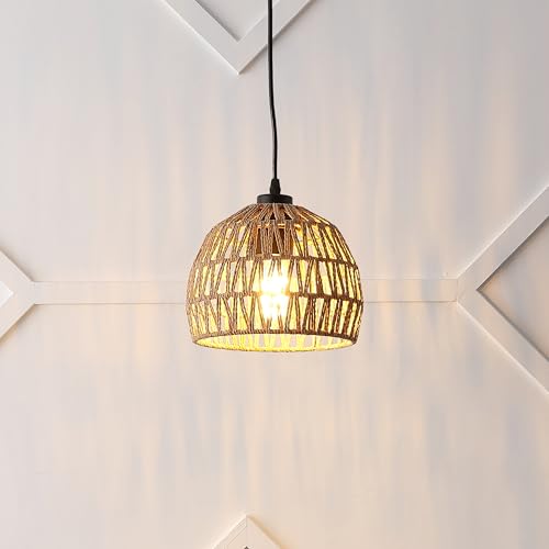 Image of JONATHAN Y 8.25 inch Brown Modern Bohemian Woven Rope LED Pendant Light Fixture, Adjustable Dome Ceiling Lamp for Kitchen Island, Rope Shade, Coastal Farmhouse Decor (JYL6512E)