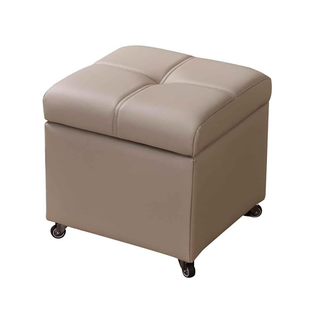 Sitzhocker Mit Stauraum Umweltfreundliches Rindsleder Gepolstert Sitzwürfel Fußhocker Aufbewahrungsbox Mit Rollen Für Wohnzimmer Schlafzimmer(Milk Tea Color,32cm/12.6in)
