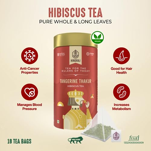 Image of Hindraj Tangerine Thakur Hibiscus Herbal Tea 18 Pyramid tea Bags Vibrant Natural Color, Ideal for Mocktails & Iced Tea, 100% Natural Ingredients Tart & Refreshing Herbal Blend, No Sugar