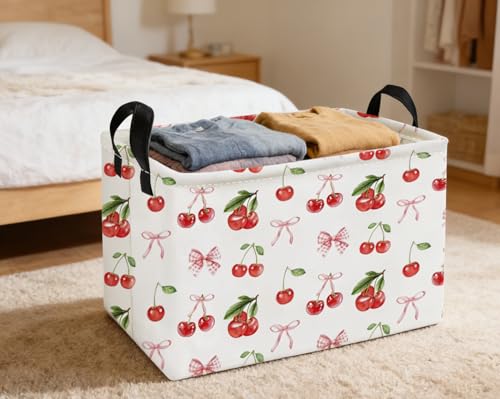 Image of Essme Rectangular Kids Baskets,Cherry Storage Box,Cute Basket for Kids with Handles for Room Decor, Book Bins,Shelf Basket.(Cherry)