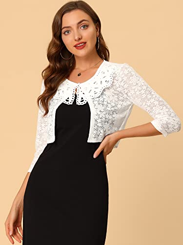 Allegra K Women's Crop Semi-Sheer Cardigan 3/4 Sleeves Peter Pan Collar Lace Shrug Small White #TOP2