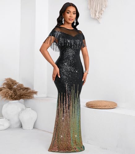 Image of Cololura Sexy Sequin Tassel Mesh Perspective Party Cocktail Bodycon Evening Club Maxi Dress
