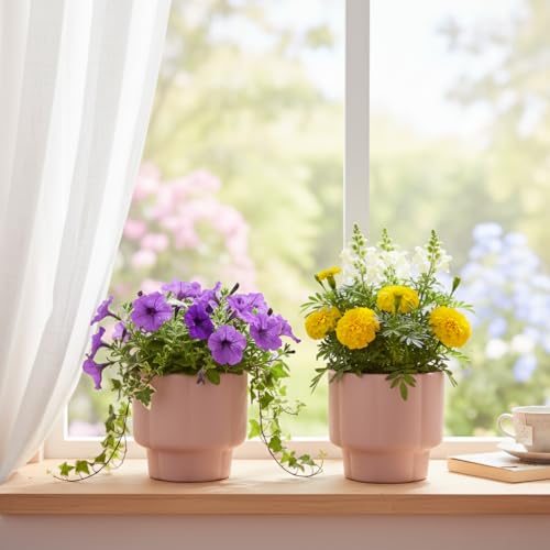Image of Xtore Sophisticated Ribbed Ceramic Planter Set of 2 for Indoor Plants | Modern Minimal Pots for Living Room, Desk & Shelf Styling (Pack of 2, Planter only)