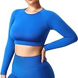 ZAAYO Damen Langarmshirt Sport Laufshirt Sportoberteil Longsleeve Running Crop Top Training Baselayer Light Green Dunkelblau M