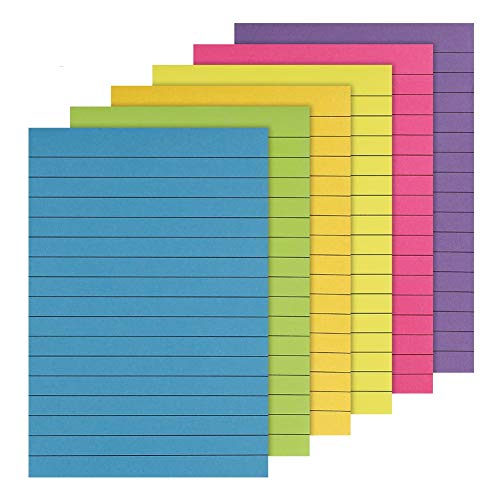 BUBABOX Lined Sticky Notes 4X6 Self-Stick Notes with Lines Memo Pads Strong Adhesive, 6 Bright Color 6 Pack, 50 Sheets/Pad