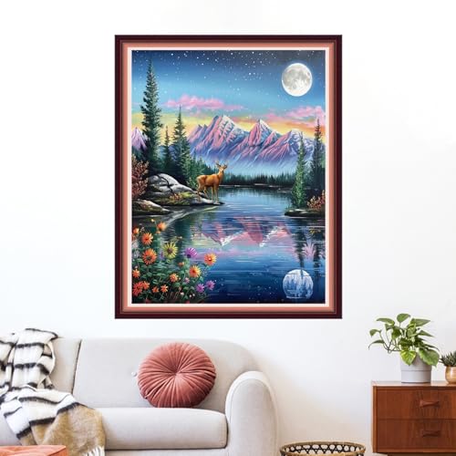 Image of Funxvoot Stamped Cross Stitch Kits for Beginners or Adults Embroidery Starter Patterns | DIY Printed Cross Stitch Kits Needlepoint for Adults or Kids 11CT-Moonlight Scenery 16x20 inch