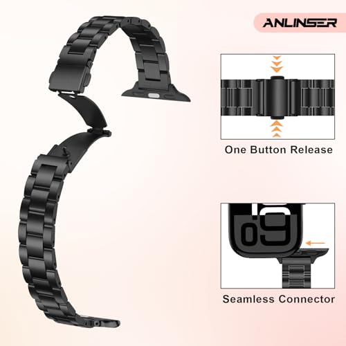 Image of Anlinser Bands Compatible with Apple Watch Band 42mm 41mm 40mm 38mm, Women Slim Stainless Steel Metal Strap for iWatch Series 10 9 8 7 6 5 4 3 2 1 SE (Black)