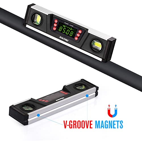 Digitale magnetische Wasserwaage und Winkelmesser – RISEPRO 10 Zoll IP54-geschützter elektronischer Blasen-Neigungsmesser, Winkelsucher, Messgerät mit großem VA-Display und Sockel mit V-Nut DL135-B