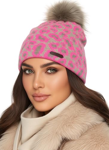 Baesics Bommelmütze Damen Herren Leo Pink - Pudelmütze mit Kunstfell Pompon weicher Strick mit warmem Fleecefutter Leoparden Wintermütze Animalprint Unisex Erwachsene One Size 54-58 cm