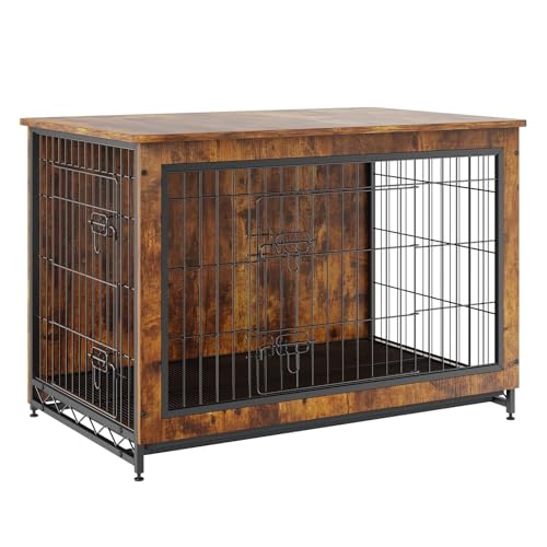 犬用クレート家具、両開きドア付き38インチ木製居心地の良い犬用クレート、多目的取り外し可能なトレイ付き頑丈な犬用ケージエンドテーブル、最大70ポンドの犬用屋内モダンな犬小屋 - お手入れ簡単