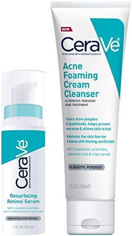 CeraVe Acne Treatment Face Wash and Retinol Serum Bundle | Contains One Acne Foaming Cream Cleanser (5 Ounce) and One Brightening Facial Serum for Post-Acne Marks and Pores (1 Ounce)