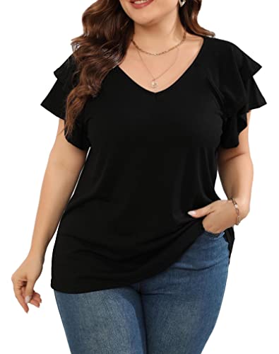 uxcell Women Plus Size 3/4 Sleeve Sheer Flowy Summer Split V Neck Blouse 1X Blue at Women's Clothing store