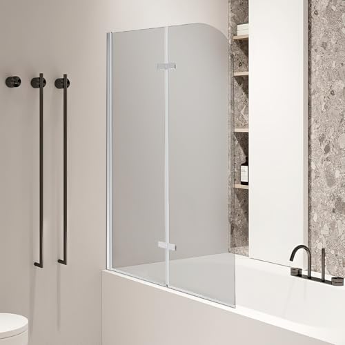 Peviasot Parete divisoria pieghevole per vasca da bagno 100x140 cm, divisorio doccia in vetro 6 mm a 2 pezzi in vetro di sicurezza (ESG), accessorio per vasca da bagno, trasparente argento