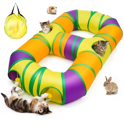 Tunnel per gatti da interno a forma di 8, casetta tunnel per gatti pieghevole tubo con pompon pendenti e foro interattivo per gattini, cuccioli, conigli, furetti e porcellini d'India