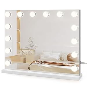 Dripex Hollywood Schminktischspiegel, Schminkspiegel mit 14 Lampen und 3 Farbtemperatur Licht, Hollywood Spiegel mit Beleuchtung, Kosmetikspiegel mit Touch Steuerung, 50 x 42 cm Weiß