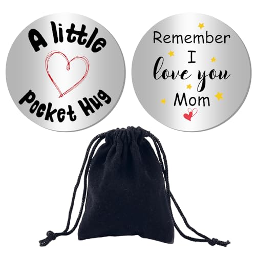 CREATCABIN Metal Pocket Tokens Little Pocket Hug Keepsake Remember I Love You Mom Words Red Hearts Double Sided Engraved 1.2 Inch Stainless Steel Love Coin Token with Velvet Bag for Family Friends