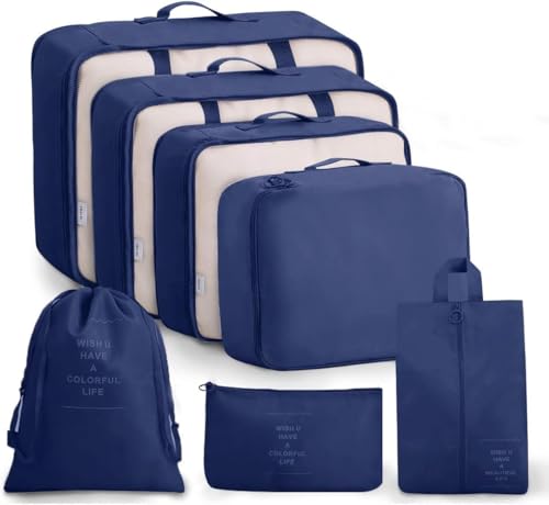 Image of QONETIC 7pcs Set Travel Organizer Packing Cubes Lightweight Travel Luggage Organizers with Laundry Bag or Toiletry Bag Laundry Organiser, Navy Blue