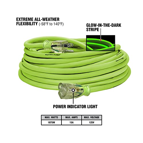 Image of Flexzilla Pro Extension Cord, 12 /3 AWG SJTW, 50 ft, Lighted Plug, Indoor /Outdoor, ZillaGreen - 721-123050FZL5F