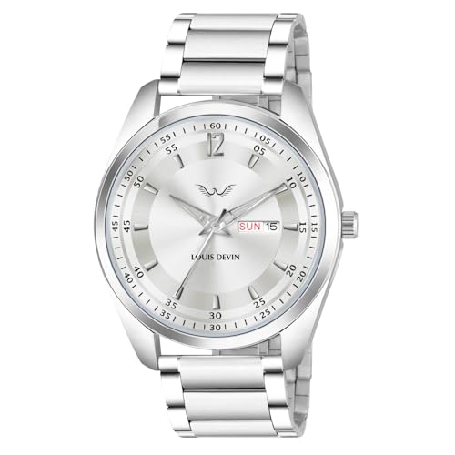 LOUIS DEVIN Stainless Steel Chain Analog Wrist Watch for Men with Day and Date Display (Silver Dial) | LD-GR405-SLV-CH