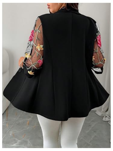 WDIRARA Women's Plus Size Floral Embroidered Mesh Button Down Blazer 3/4 Sleeve Collared Suit Jackets2