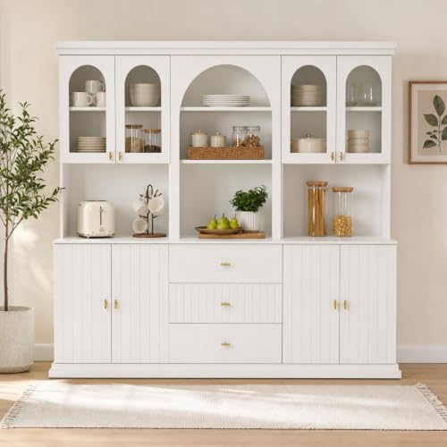 Image of ivaniti 71 inch Arched Kitchen Pantry Cabinet Set of 3, White Freestanding Storage Hutch Combination with 2 Glass-Door Coffee Bar Cabinets and 1 Three-Drawer Open Shelf Cabinet for Kitchen