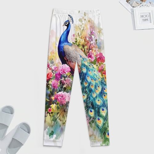 Peacock with Spring Flowers Men's Pajama Pants Lounge Pant Sleepwear PJ Bottoms3