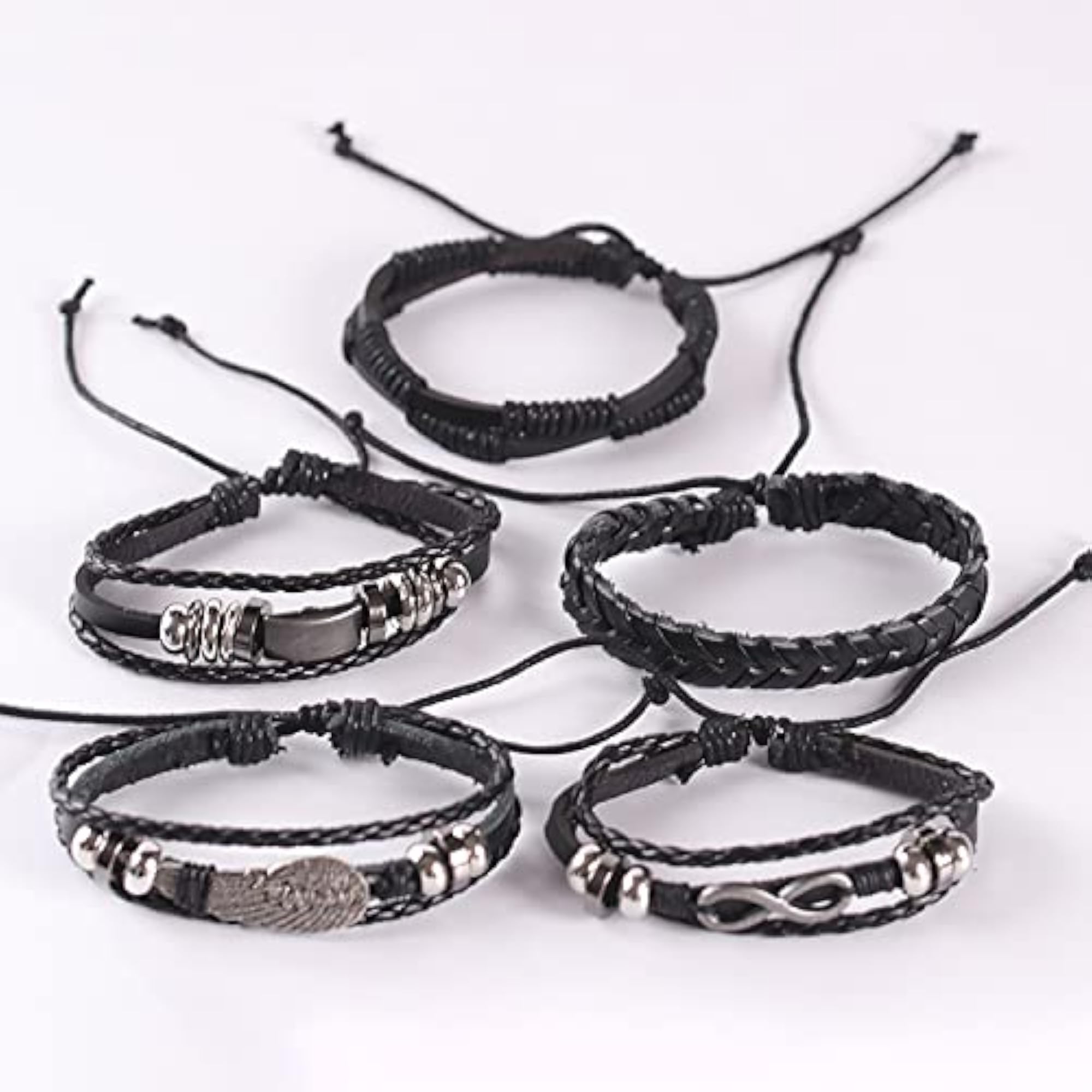 Pack of 5 Stylish Black Synthetic Leather Bracelets