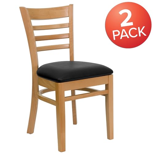 Image of Flash Furniture 2 Pack HERCULES Series Ladder Back Natural Wood Restaurant Chair - Black Vinyl Seat