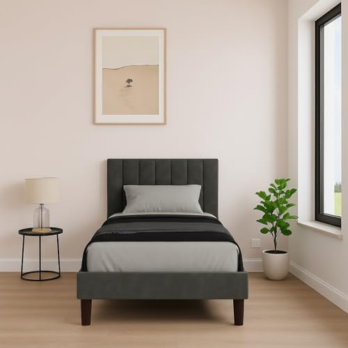 Image of Wooden Upholstered Bed Single Size Without Storage | Wrought Iron Single Size Cot with Headboard | Upholstered Bed for Bedroom | Palang Furniture for, Living Room, Grey Finish, (Grey Finish)