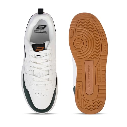 Image of Bond Street Men's White & Olive Casual Sneakers | PU Upper Lace-Up Shoes with Durable PVC Sole | Stylish & Comfortable Footwear for Men