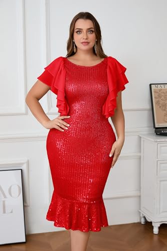 Image of VERWIN Plus Size Sequins Dress Ruffle Sleeve Midi Dress Bodycon Mermaid Hem Dress Sparkly Round Neck Prom Dress