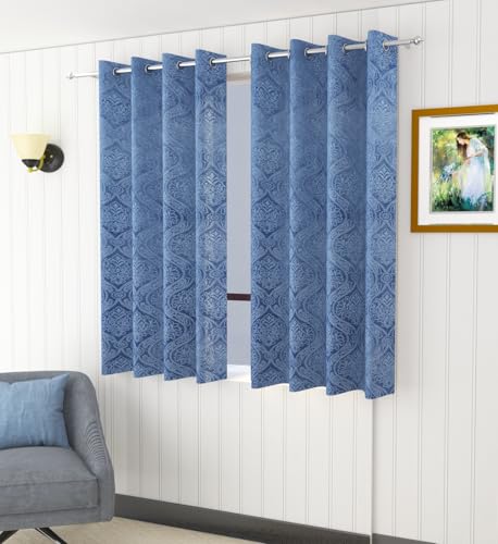 Image of Homefab India 1 Piece Velvet Emboss Window Curtain - 6 feet, Room Darkening Curtains, Sky Blue