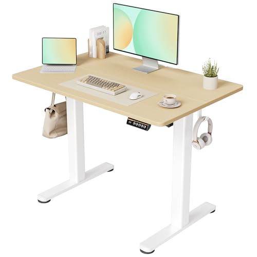 Claiks Escritorio de altura regulable 100 x 60 cm, escritorio de pie eléctrico con gestión de cables, mesa de ordenador con función de memoria y protección contra colisiones, color beige