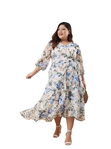 Image of Miss Chase A+ Women's V-Neck Three-Quarter Sleeve Floral Wrap Chiffon Midi Dress