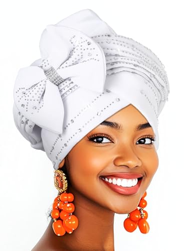 Woeoe African Gele Turbans White Rhinestones Head Wraps Bow Church Wedding Head Scarf for Women