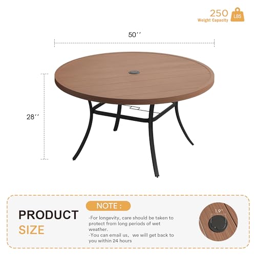 Image of VICLLAX 50 inch Outdoor Round Patio Table with Umbrella Hole, All Weather Metal Round Outdoor Dining Table for Lawn Garden, 6-8 Person Table, Walnut Wood Grain