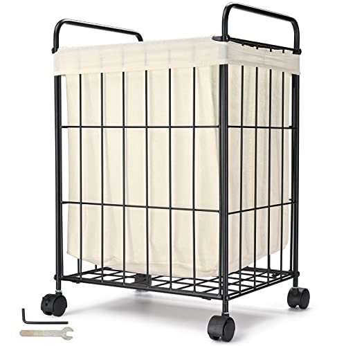 Iron Wire Laundry Hamper With Rolling Lockable Wheels, Folding Laundry Storage Basket With Metal Handles, Detachable Liner Bag Dirty Laundry Hamper Cart Sorter Clothes Basket Organizer #TOP24
