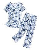 Inadays Womens Cotton Pajama Sets Short Sleeve Top With Capri Pants 2 piece sets for Women Summer Pajamas Lounge Set Blue Fireworks,L