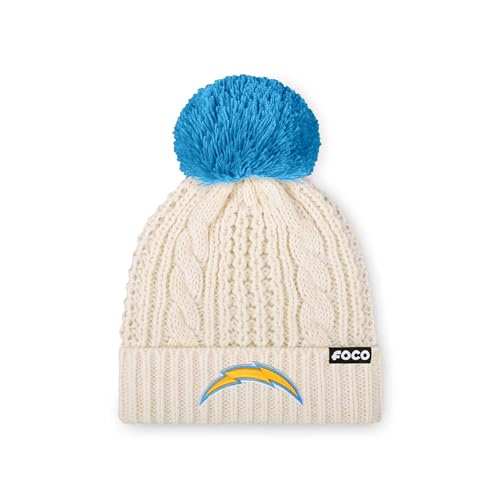 FOCO Los Angeles Chargers NFL Womens Primary Logo Cable Knit Pom Beanie - White